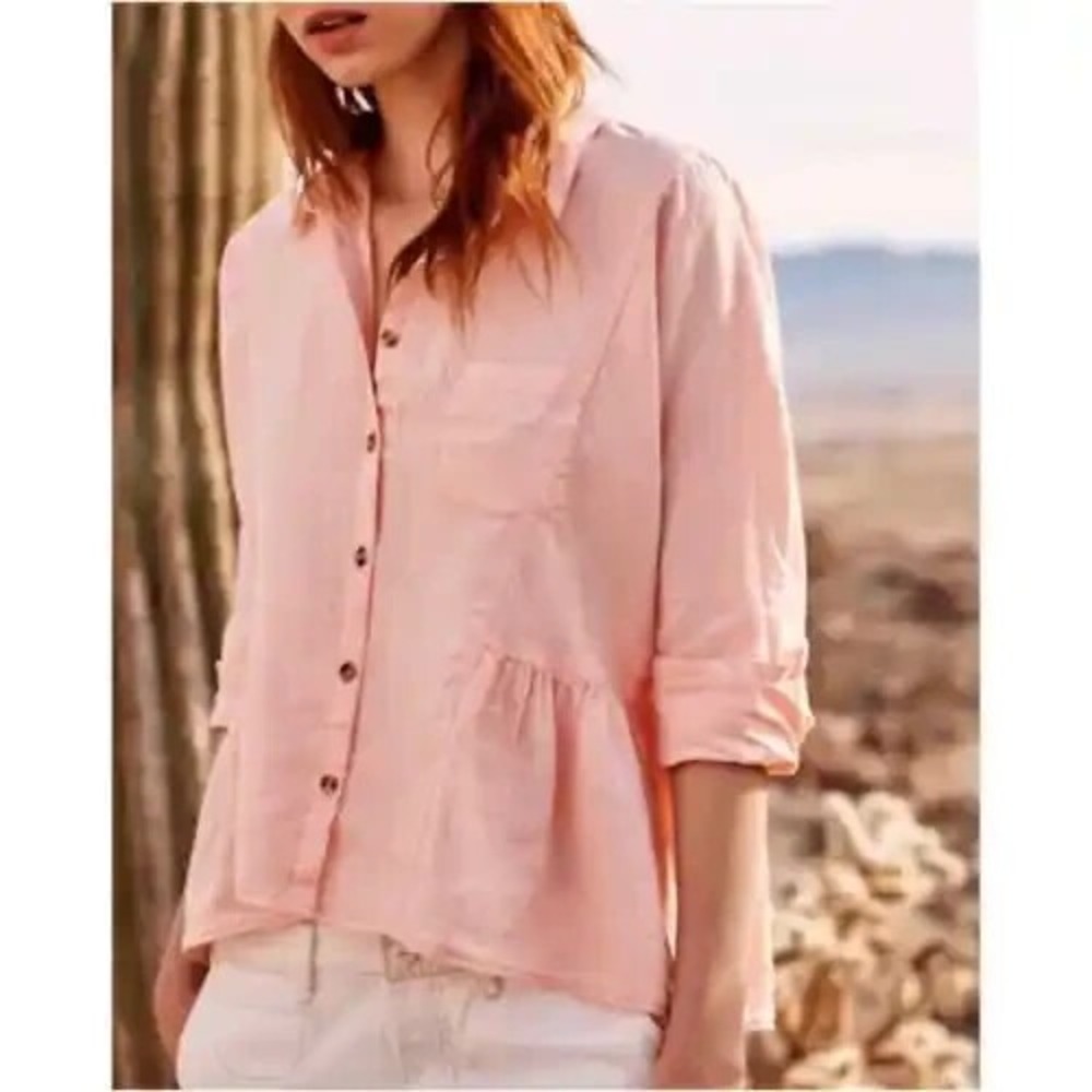 Anthropologie Pink Peplum Button Down Shirt Long Sleeve Blouse Blush Pink Top